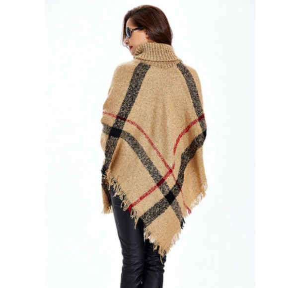 Plaid Poncho Sweater with Turtle Neck ONE SIZE - Picture 4 of 4